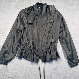 Free People‎ Olive Green Hooded Windbreaker Jacket Drawstring Waist XS Light